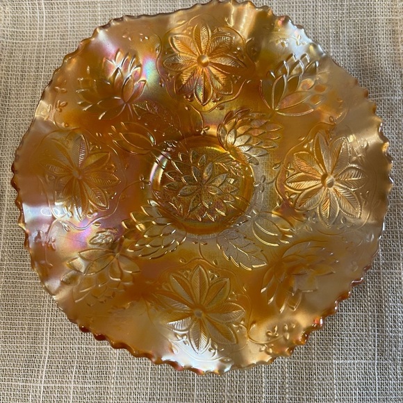 Gorgeous Antique Fenton Lotus & Poinsettia Iridized 6-ruffle footed dish. EUC - Picture 2 of 12